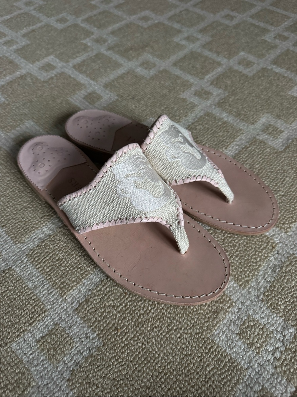 Jack Rogers Spartina Mermaid Thong Flip Flop Sandals Pink Ivory Leather Linen 9 - Picture 14 of 14